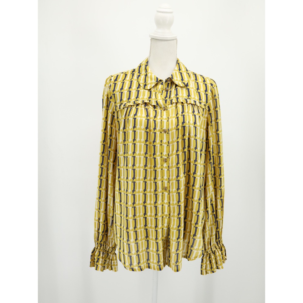 Maeve Anthropologie Dog Print Blouse Button Down Ruffle Collar Yellow 14